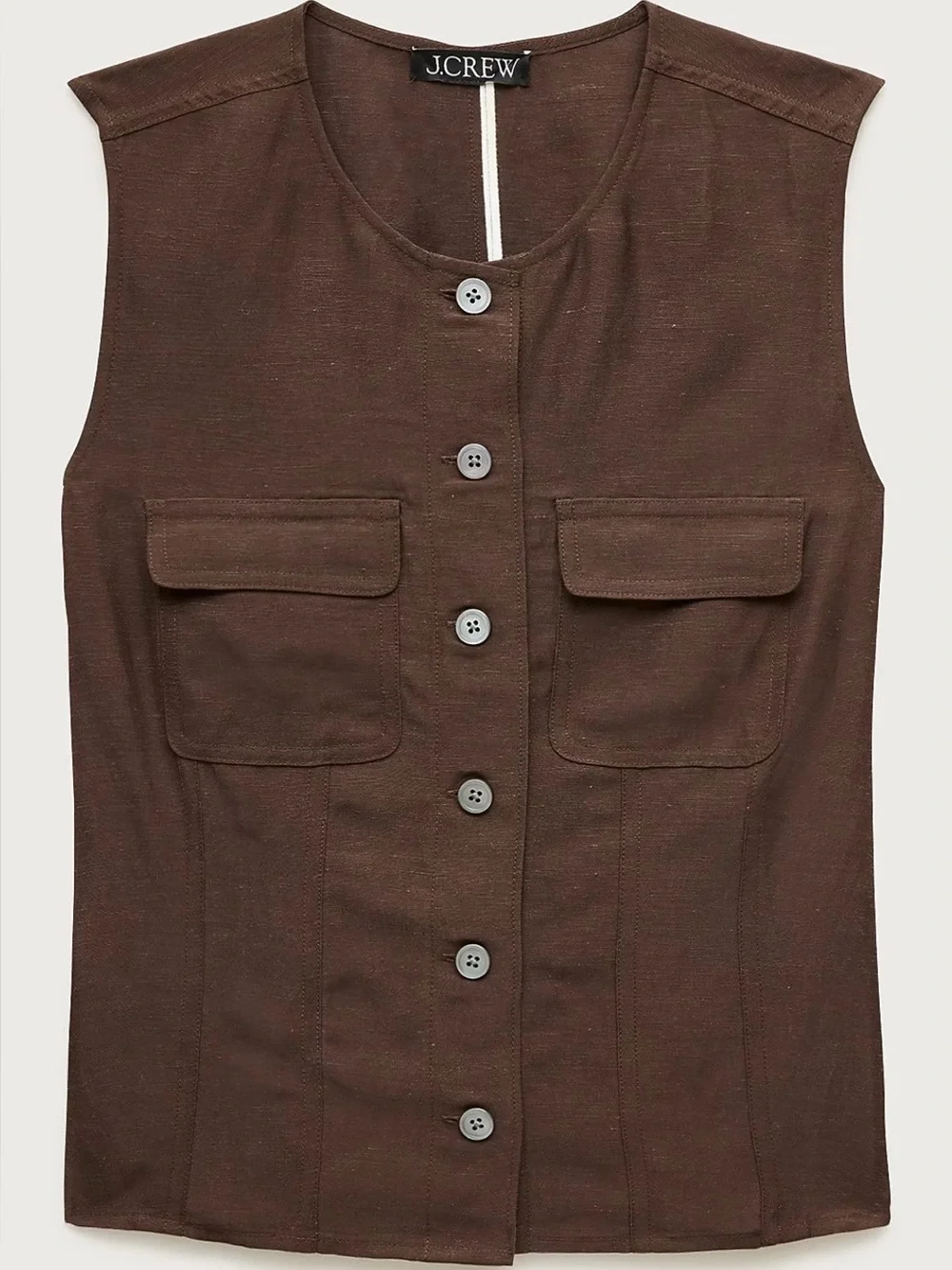 J. Crew dark brown utility button-up top in Gramercy linen blend vest, New